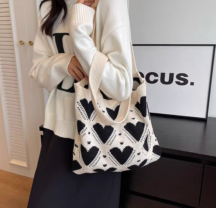 White Printed Two Handles Shoulder Bag