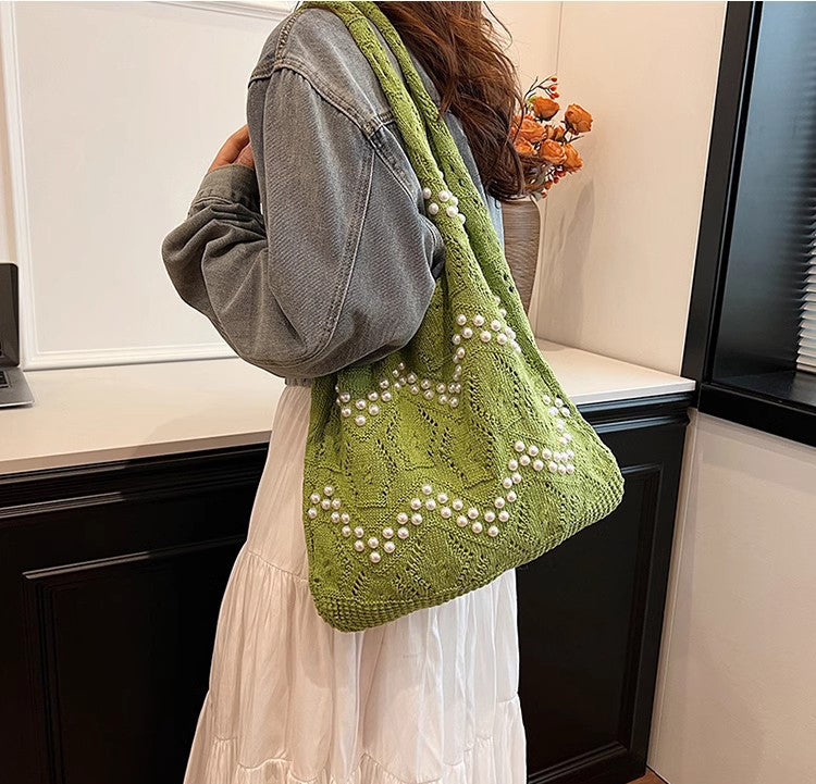 Green Solid Two Handles Shoulder Bag