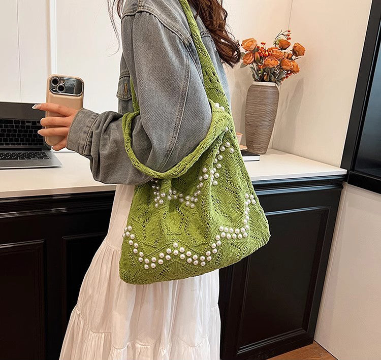 Green Solid Two Handles Shoulder Bag