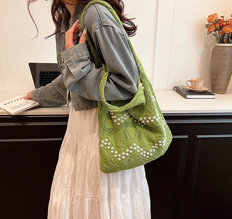 Green Solid Two Handles Shoulder Bag