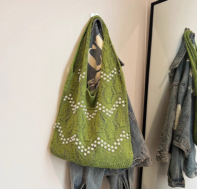 Green Solid Two Handles Shoulder Bag