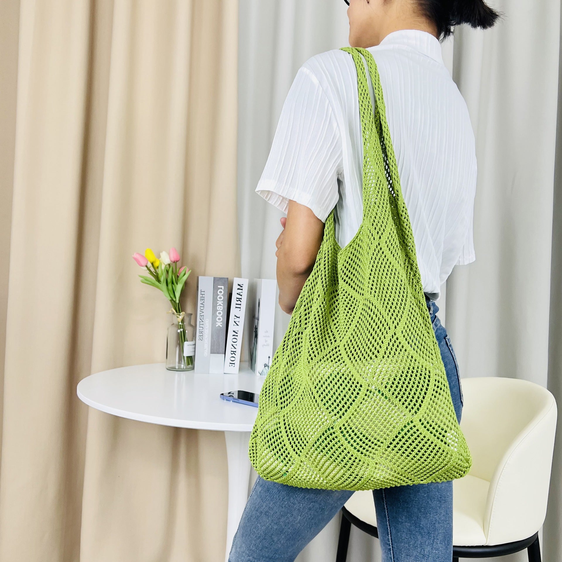 Green Solid Two Handles Shoulder Bag