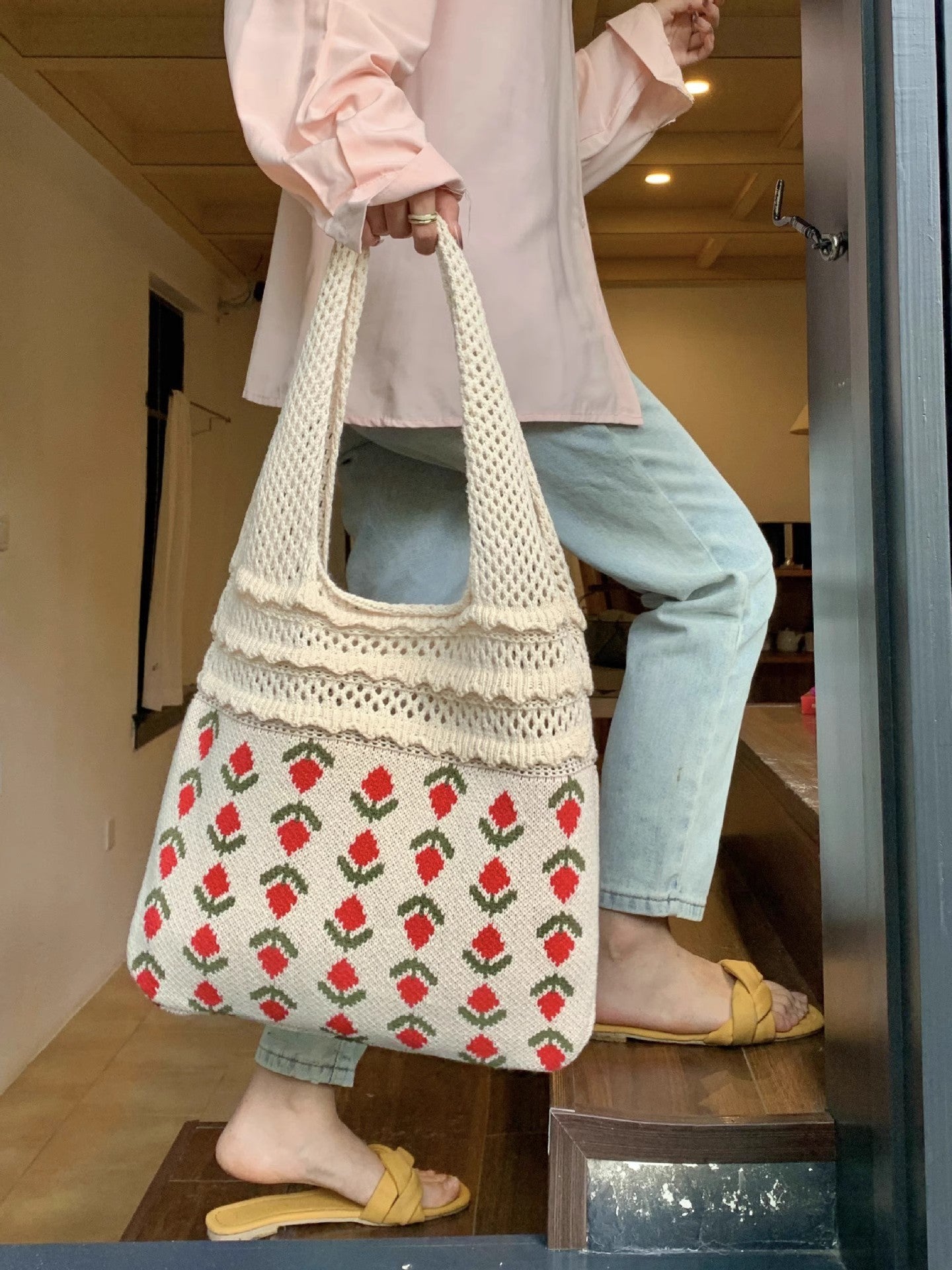 Beige Printed Two Handles Shoulder Bag