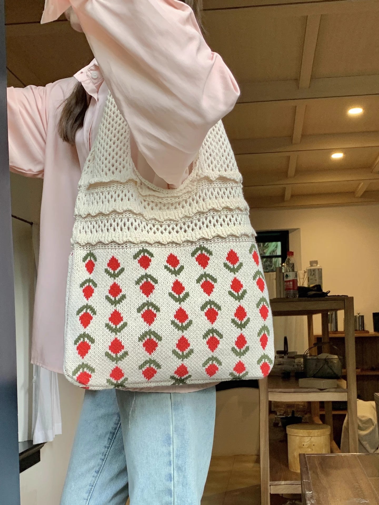 Beige Printed Two Handles Shoulder Bag