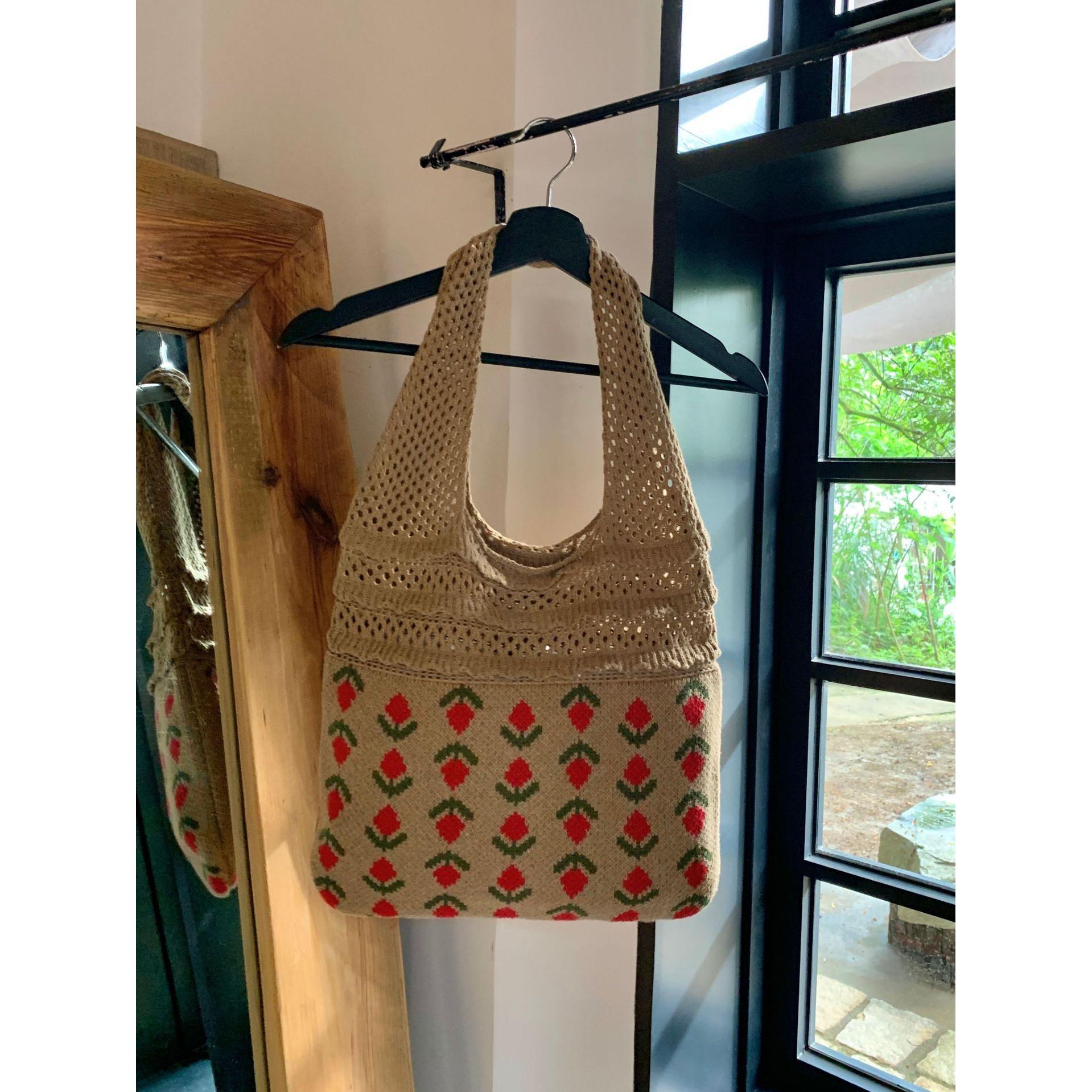 Brown Printed Two Handles Shoulder Bag