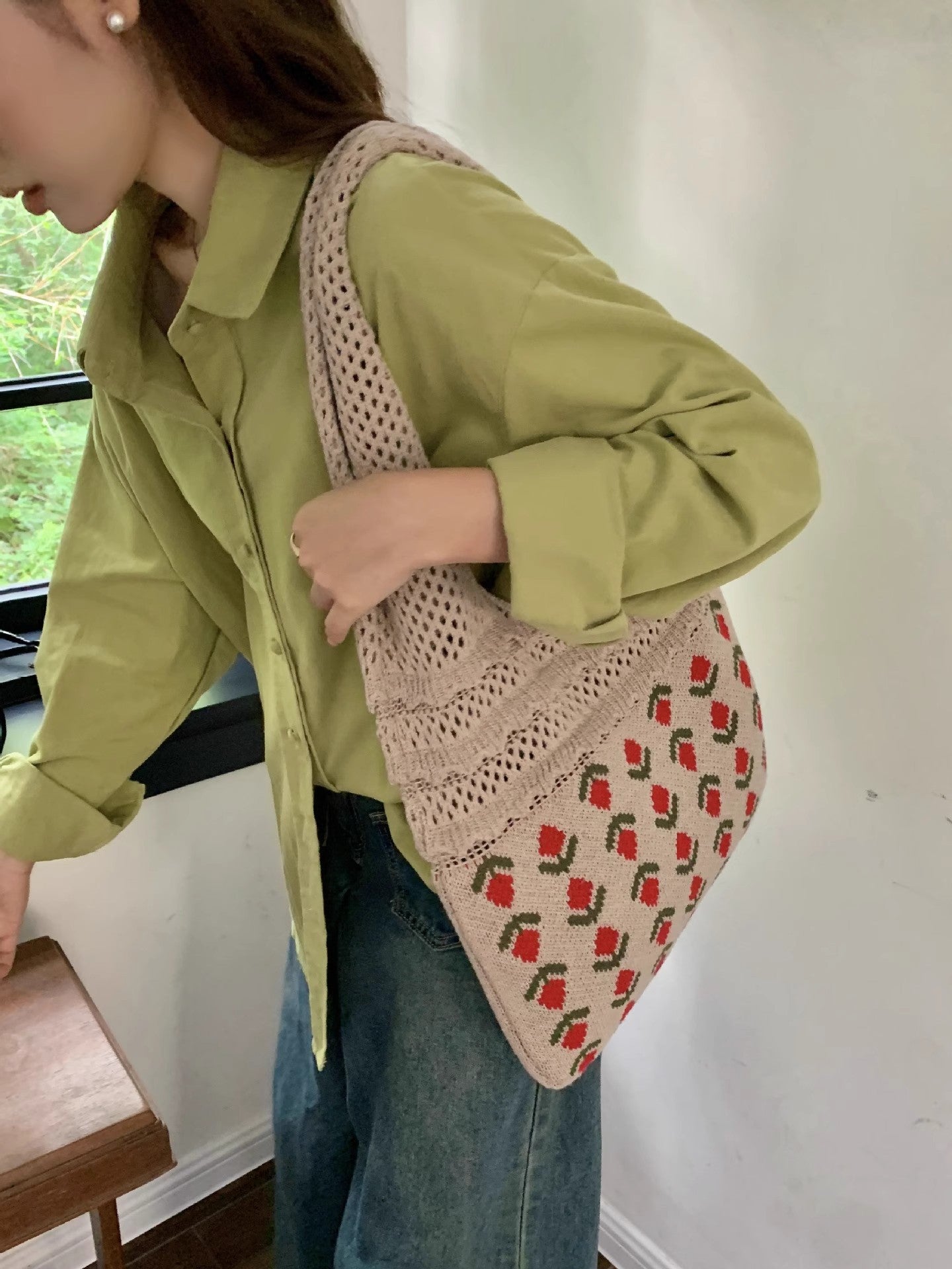 Brown Printed Two Handles Shoulder Bag