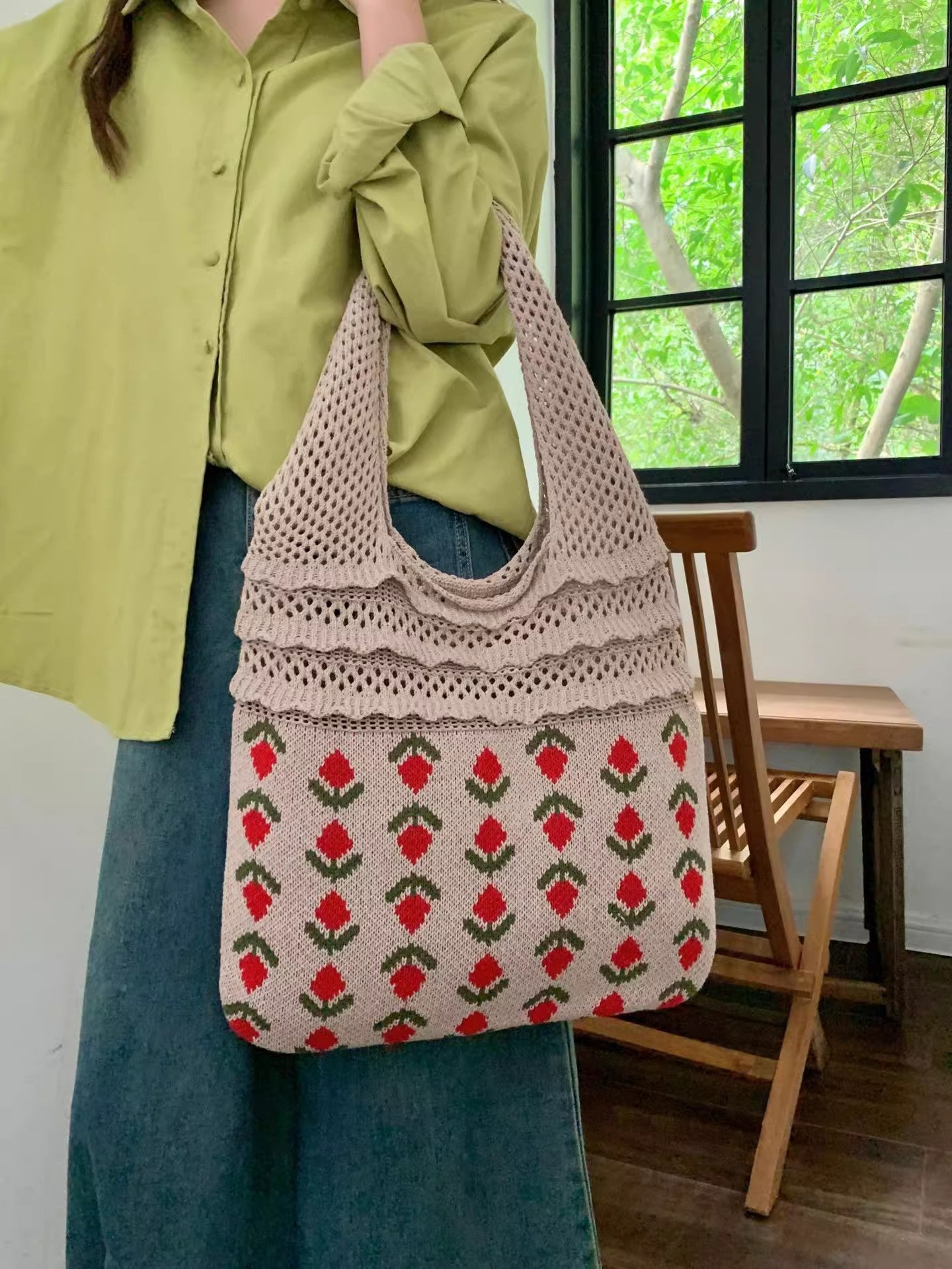 Brown Printed Two Handles Shoulder Bag