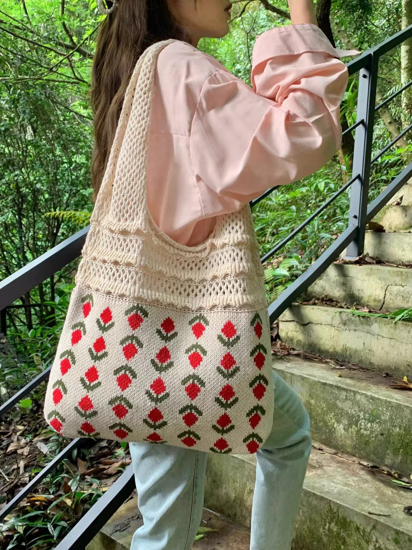 Khaki Printed Two Handles Shoulder Bag