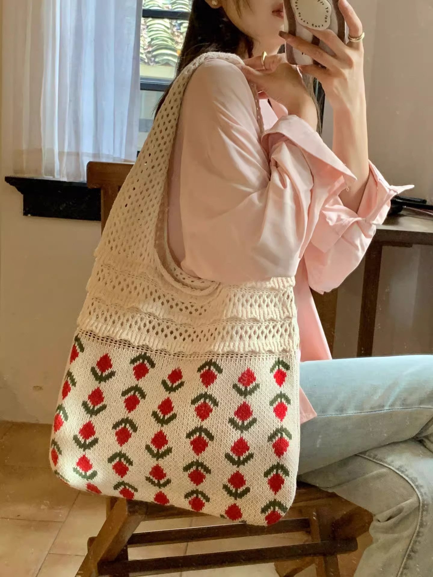 Khaki Printed Two Handles Shoulder Bag