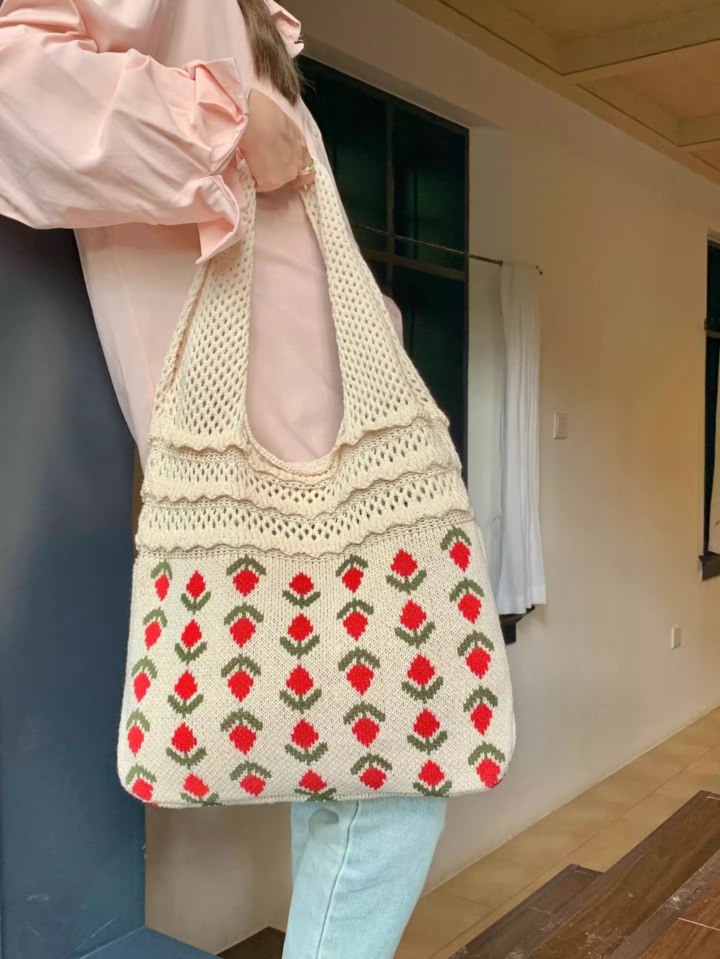 Khaki Printed Two Handles Shoulder Bag