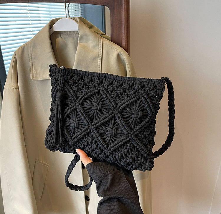 Black Self Design Two Handles Handheld Bag