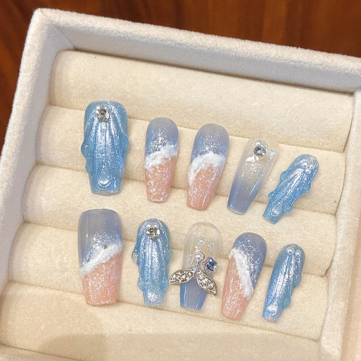 Set Of 10 Artificial Reusable Nails- Blue