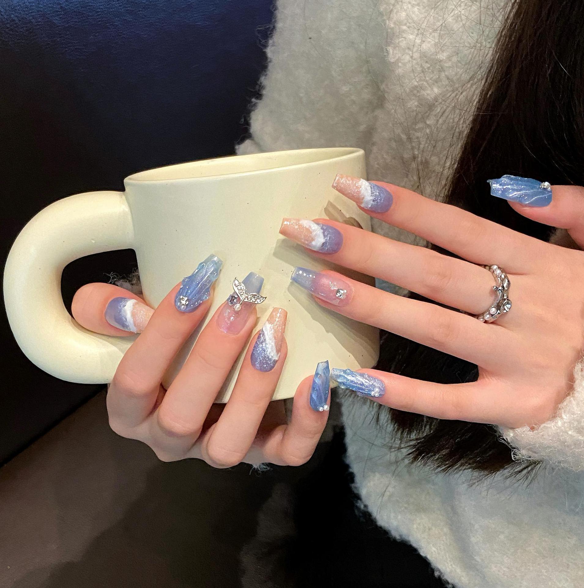 Set Of 10 Artificial Reusable Nails- Blue