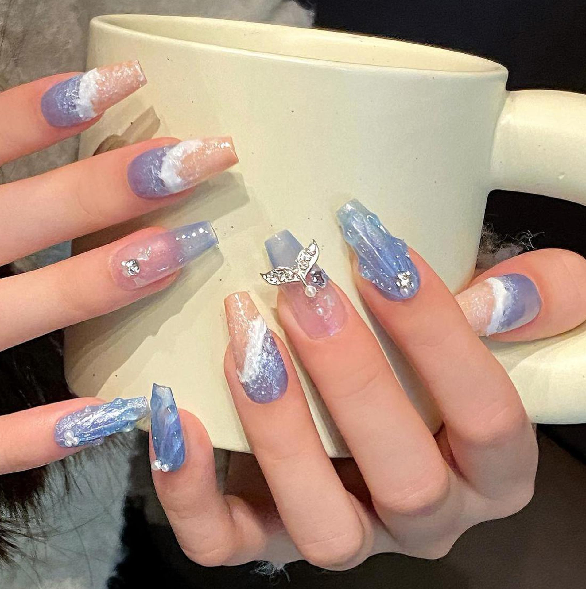 Set Of 10 Artificial Reusable Nails- Blue