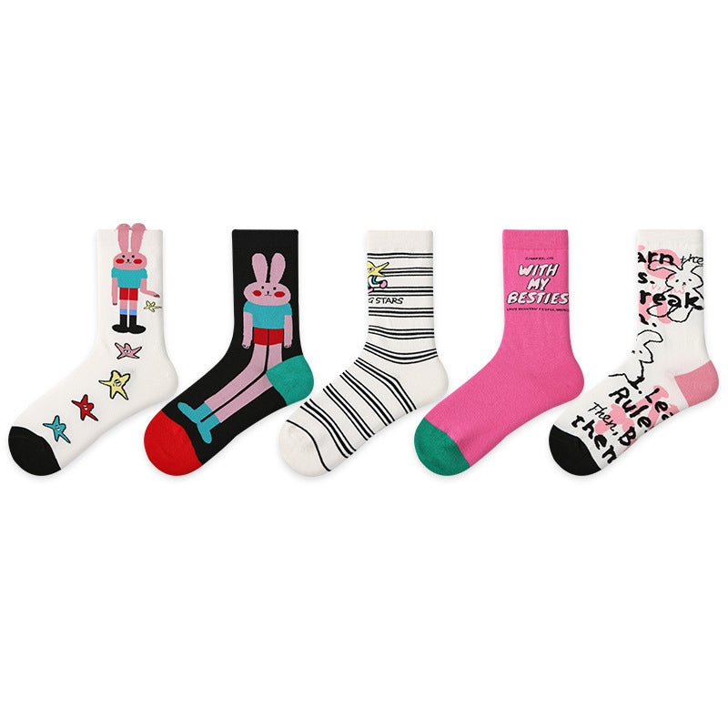Women Pack Of 5 Patterned Cotton Calf Length Socks