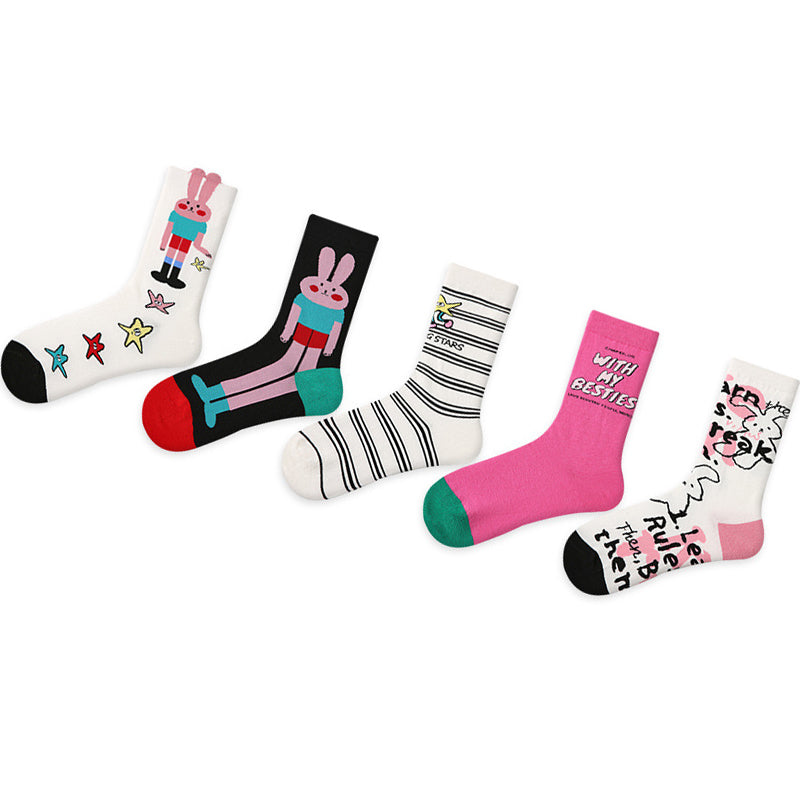 Women Pack Of 5 Patterned Cotton Calf Length Socks