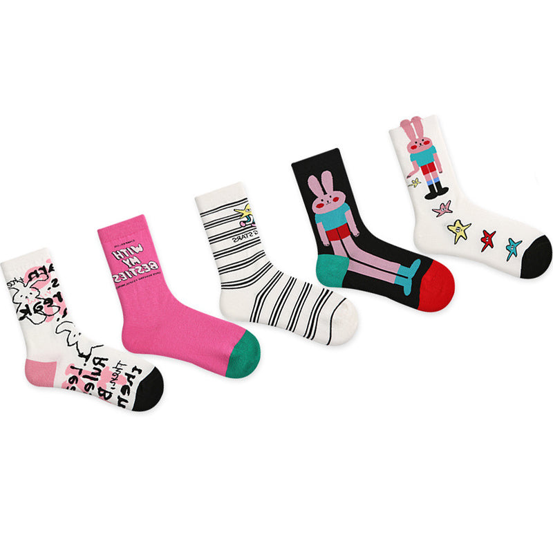 Women Pack Of 5 Patterned Cotton Calf Length Socks