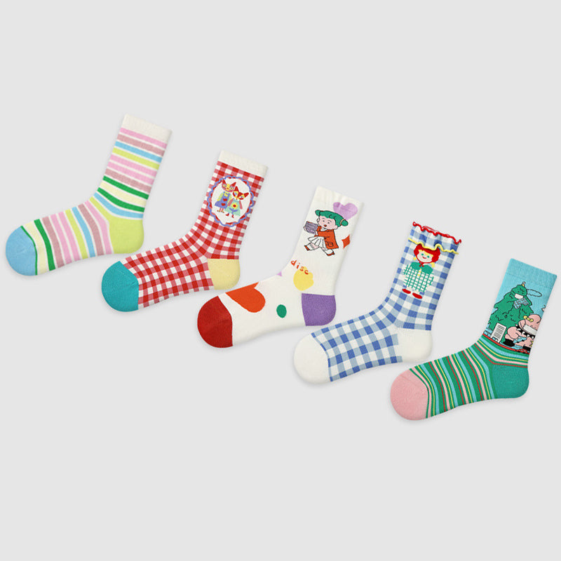 Women Pack Of 5 Patterned Cotton Calf Length Socks