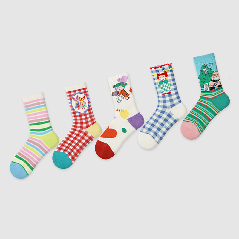 Women Pack Of 5 Patterned Cotton Calf Length Socks