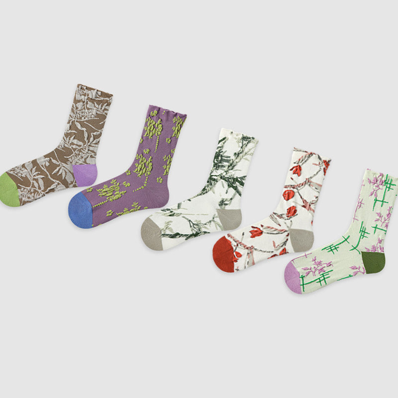 Women Pack Of 5 Patterned Cotton Calf Length Socks