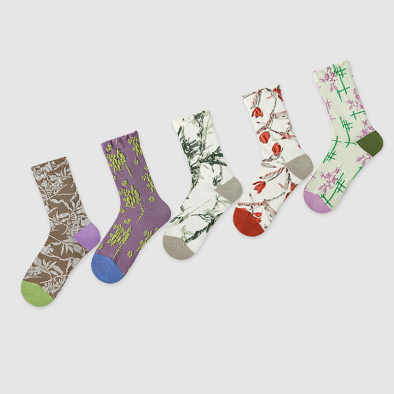 Women Pack Of 5 Patterned Cotton Calf Length Socks