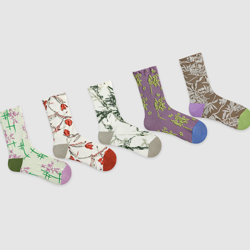 Women Pack Of 5 Patterned Cotton Calf Length Socks