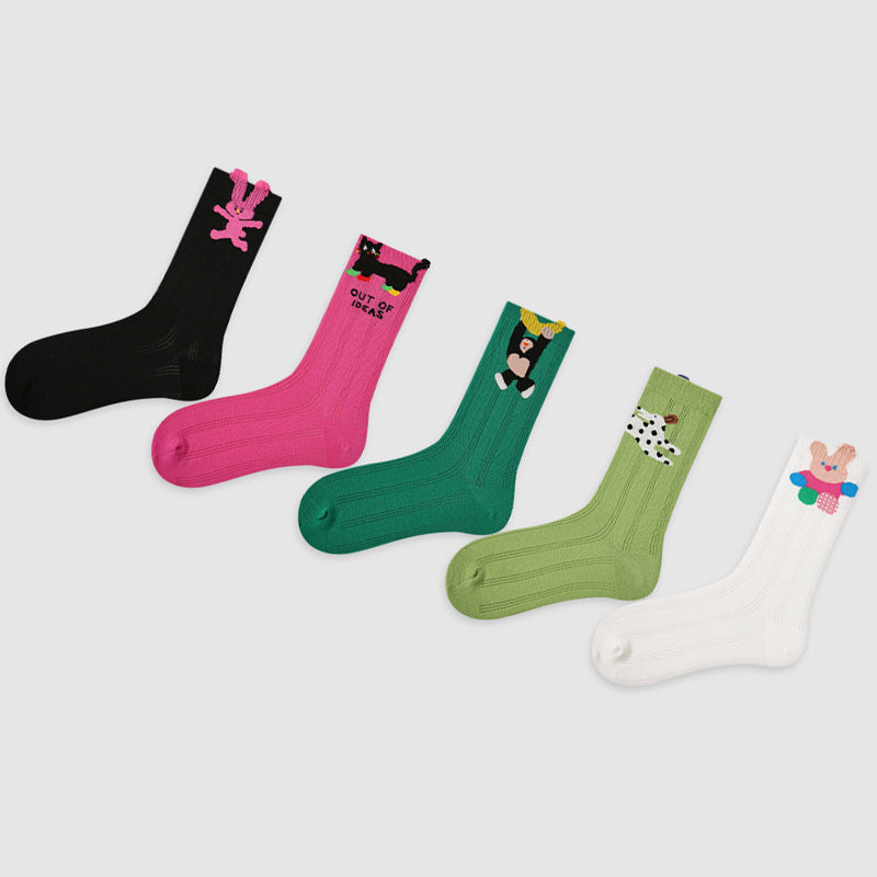 Women Pack Of 5 Patterned Cotton Calf Length Socks