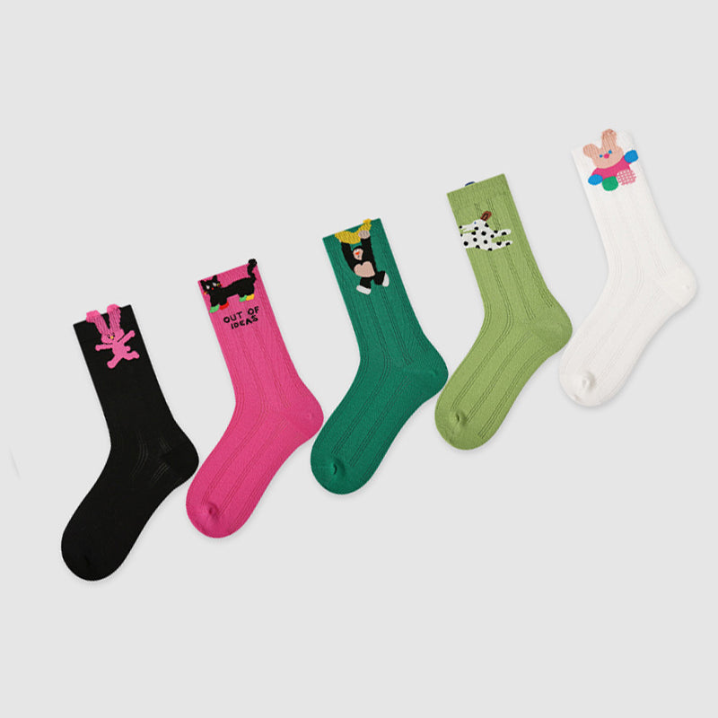Women Pack Of 5 Patterned Cotton Calf Length Socks