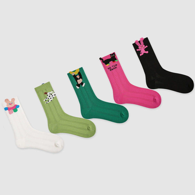 Women Pack Of 5 Patterned Cotton Calf Length Socks