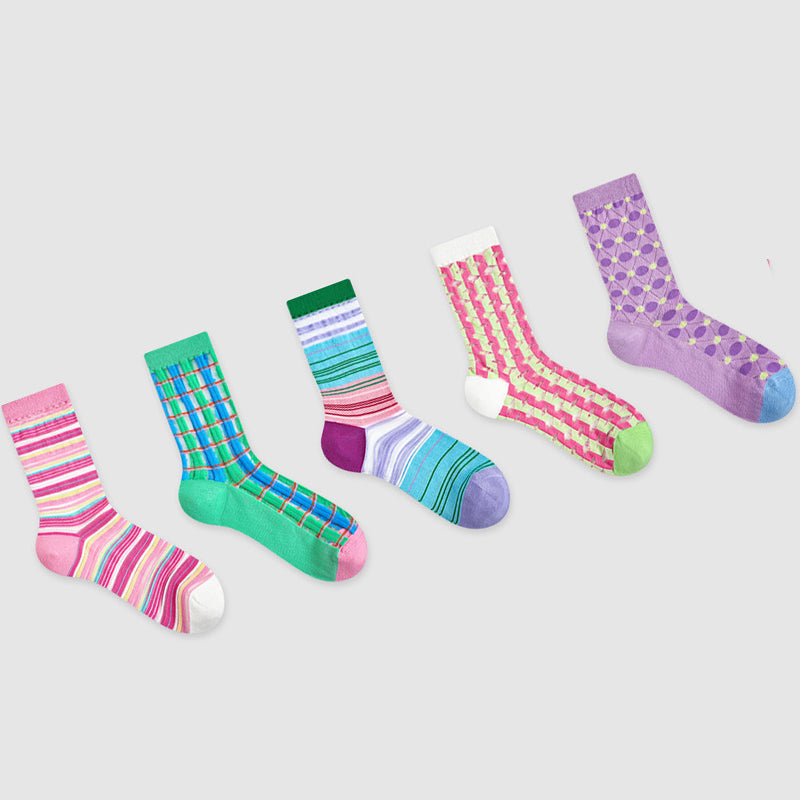 Women Pack Of 5 Patterned Cotton Calf Length Socks