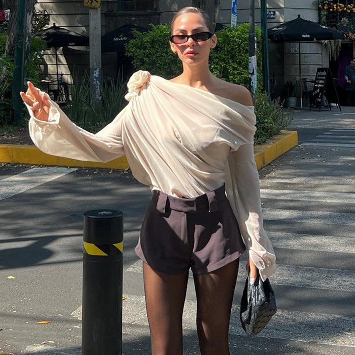 Women Corsage  One Shoulder Extended Sleeves Regular Top