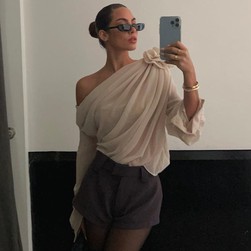 Women Corsage  One Shoulder Extended Sleeves Regular Top
