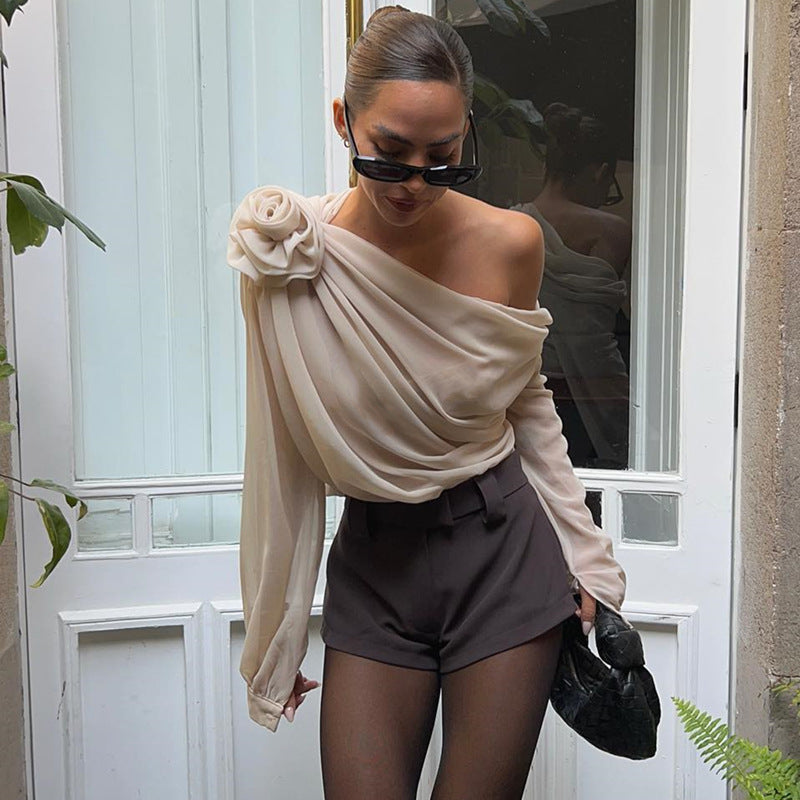 Women Corsage  One Shoulder Extended Sleeves Regular Top