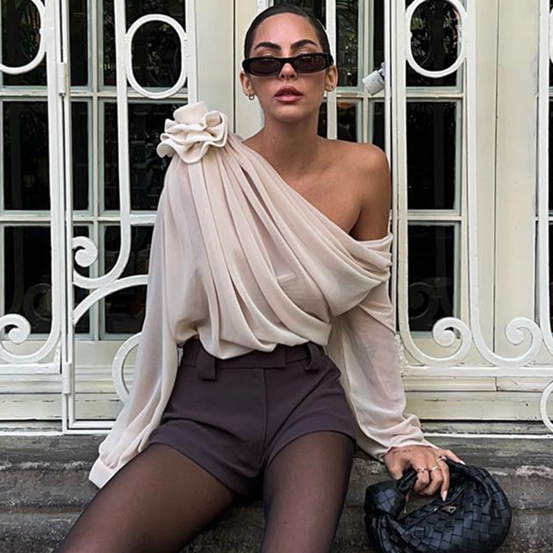 Women Corsage  One Shoulder Extended Sleeves Regular Top