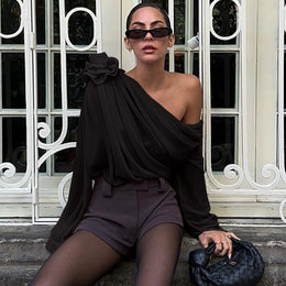 Women One Shoulder Gathered or Pleated Top With Bow Detail