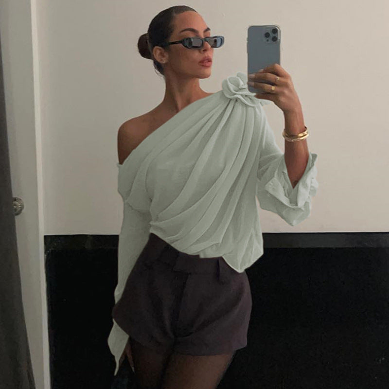 Women One Shoulder Extended Sleeves Top