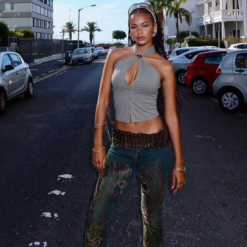 Women Halter Neck Shirt Style Crop Top