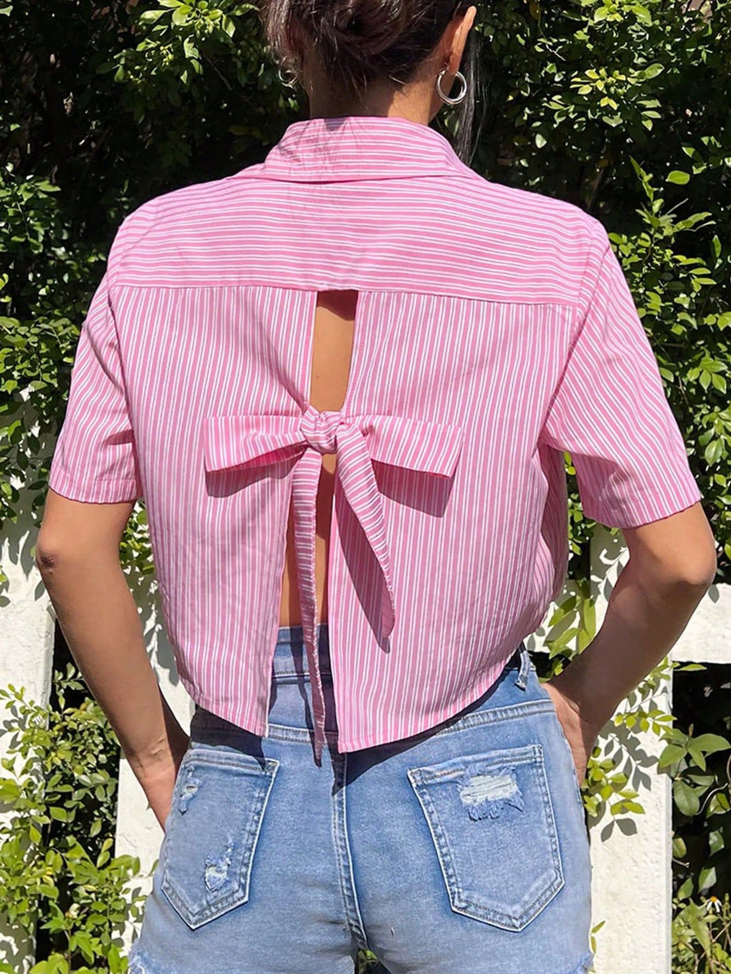 Women Striped Shirt Collar Crop Top