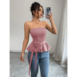 Women Strapless Smocked Tube Top with Floral Detail