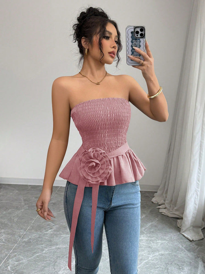 Women Strapless Smocked Tube Top with Floral Detail
