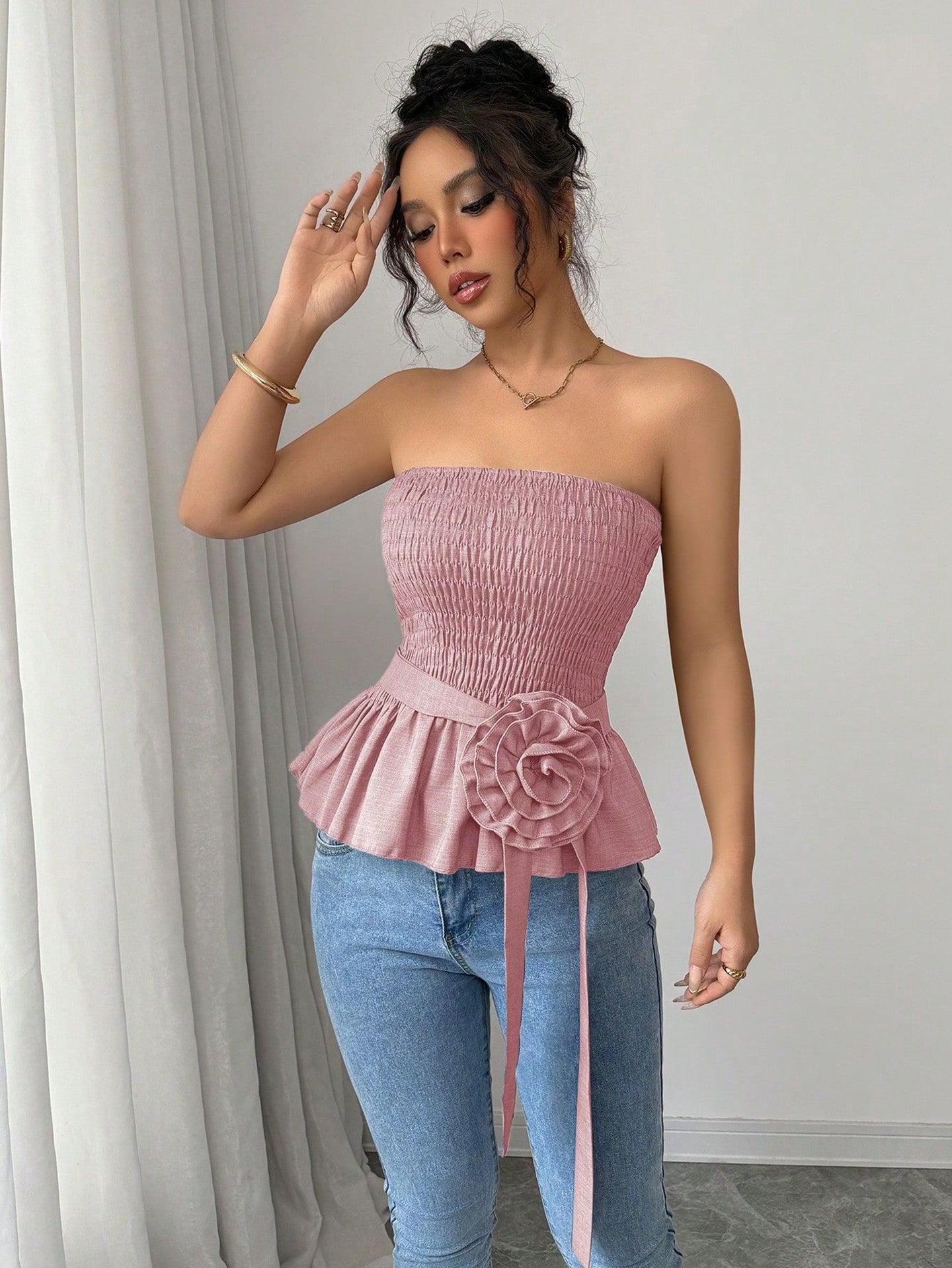 Women Strapless Smocked Tube Top with Floral Detail