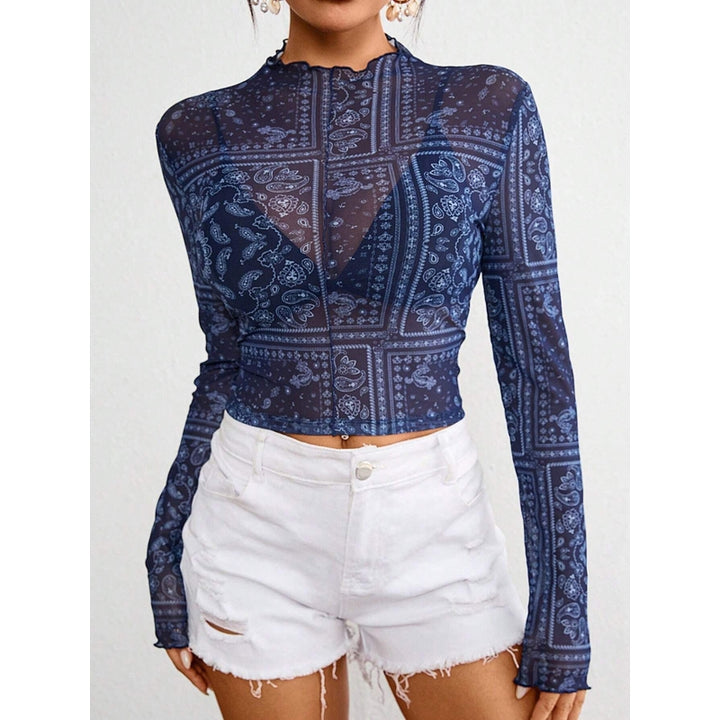 Women Print Extended Sleeves Crop Fitted Top