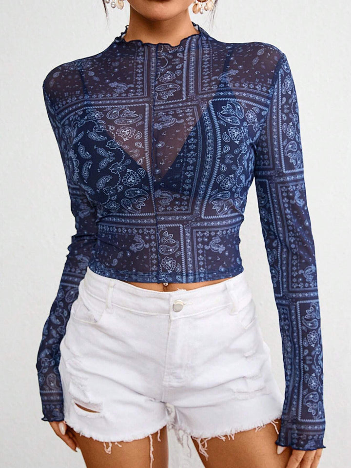 Women Print Extended Sleeves Crop Fitted Top