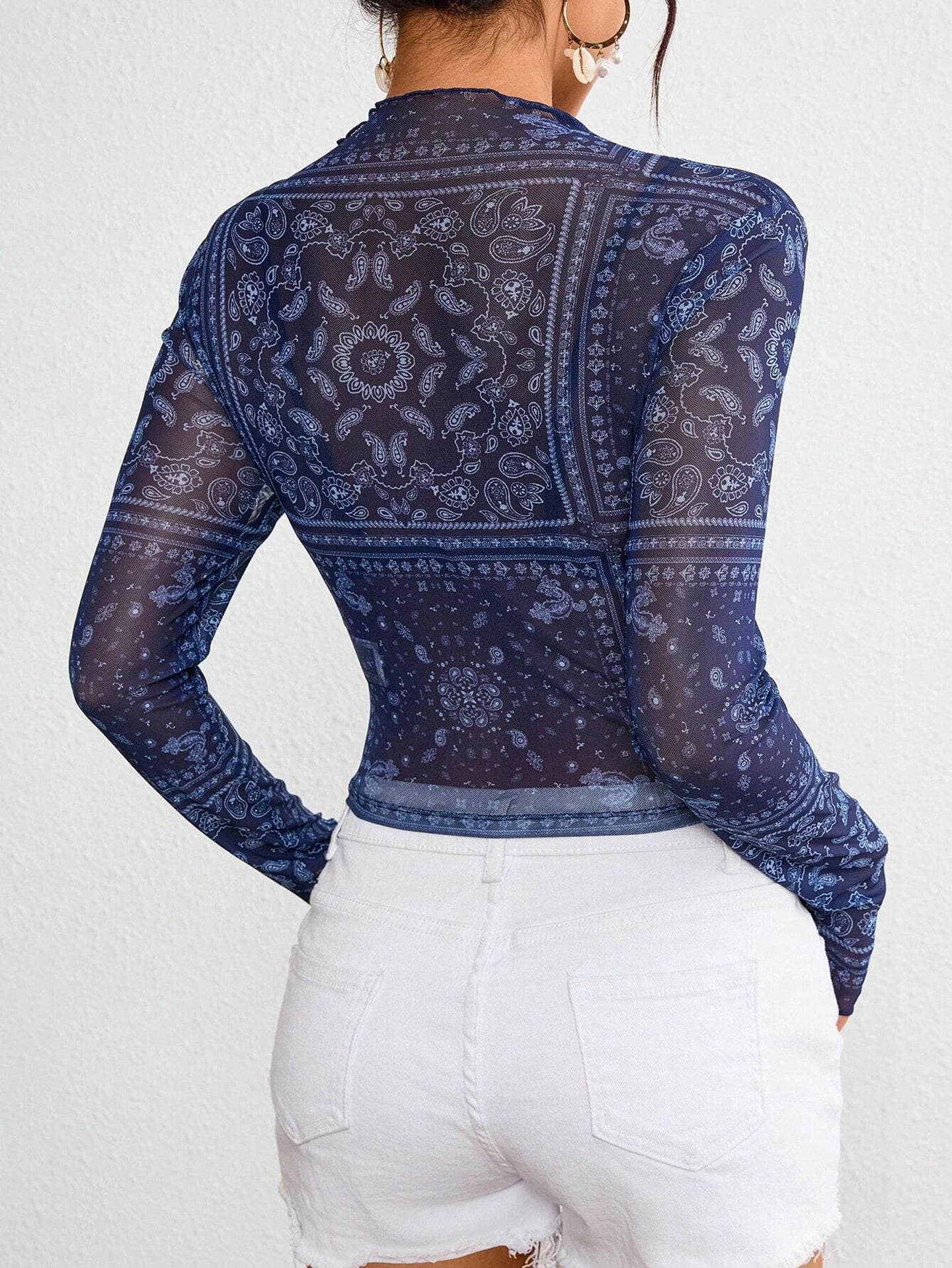 Women Print Extended Sleeves Crop Fitted Top