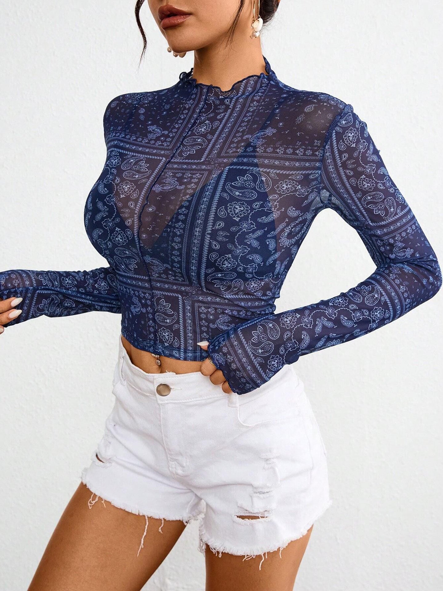 Women Print Extended Sleeves Crop Fitted Top