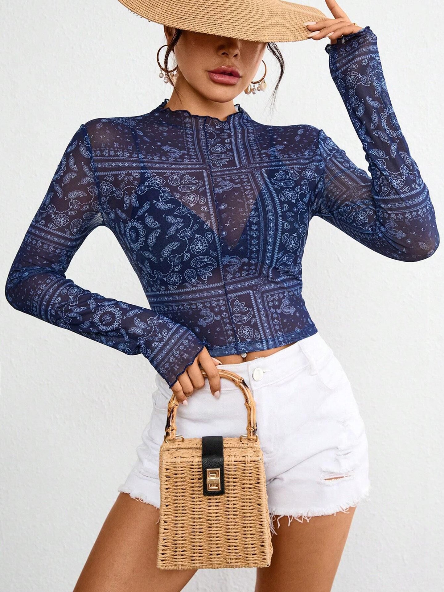 Women Print Extended Sleeves Crop Fitted Top