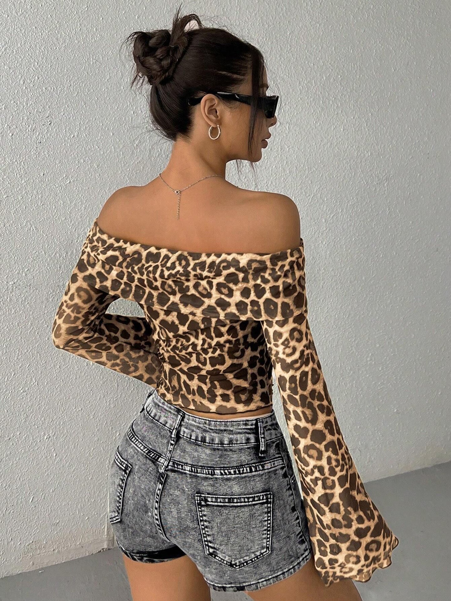 Print Off-Shoulder Bell Sleeve Georgette Fitted Crop Top