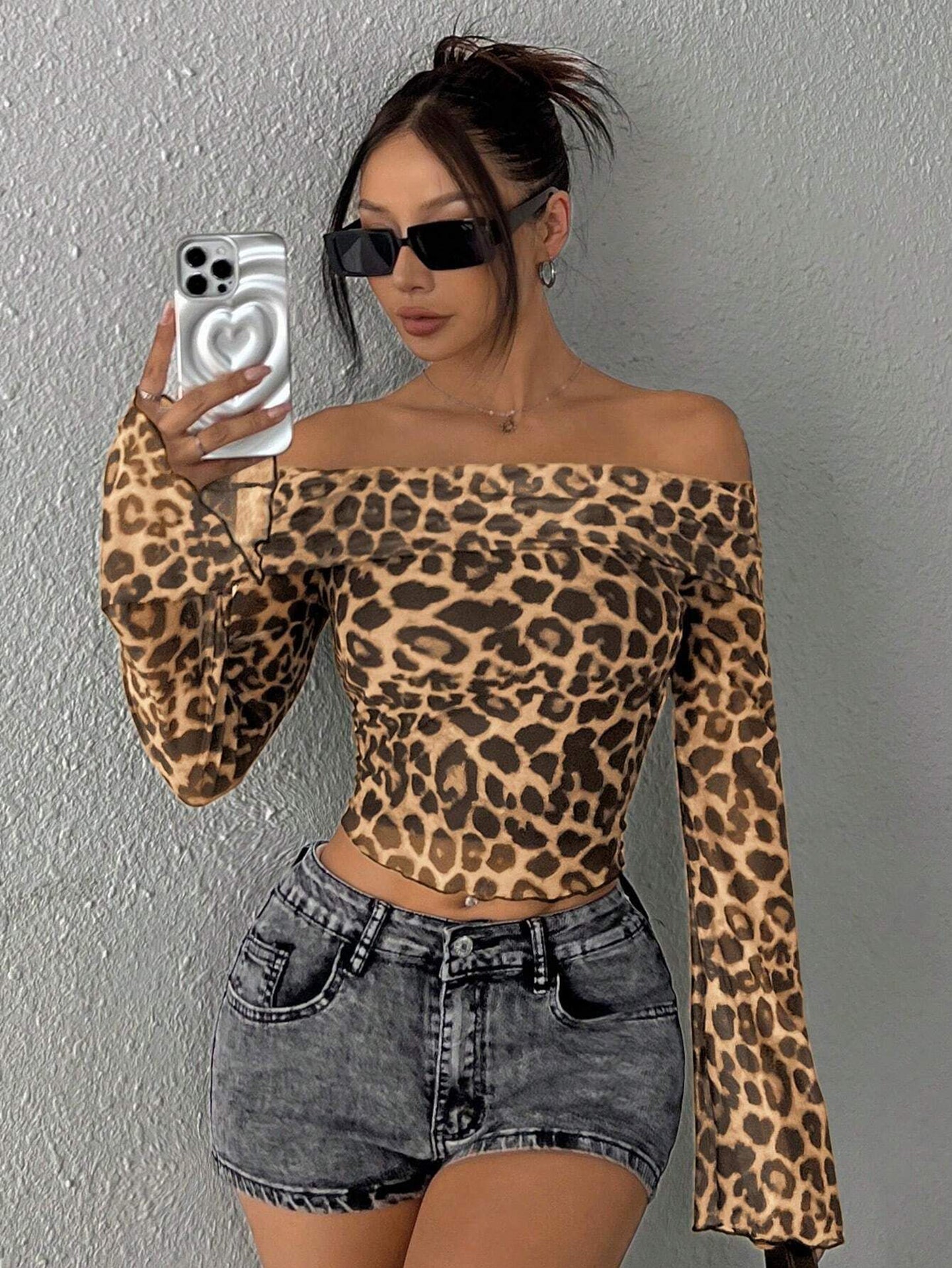 Print Off-Shoulder Bell Sleeve Georgette Fitted Crop Top