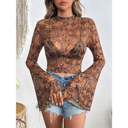 Print Bell Sleeve Crepe Crop Top