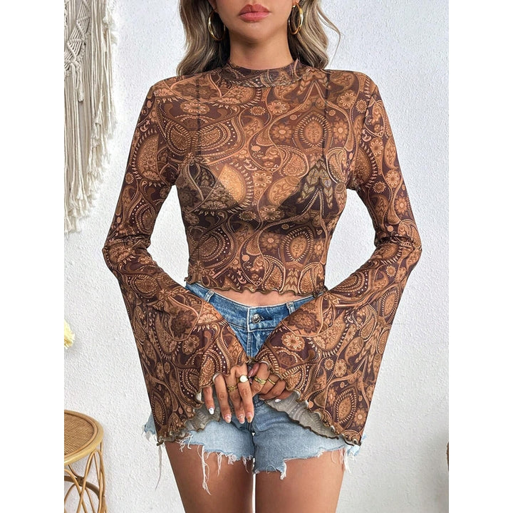 Print Bell Sleeve Crepe Crop Top